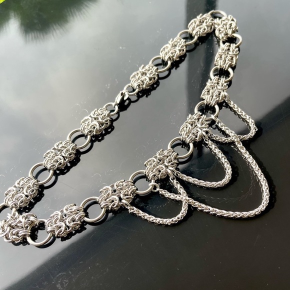 Handmade stainless steel maille thick choker chain double bizantine link pattern - Picture 10 of 16